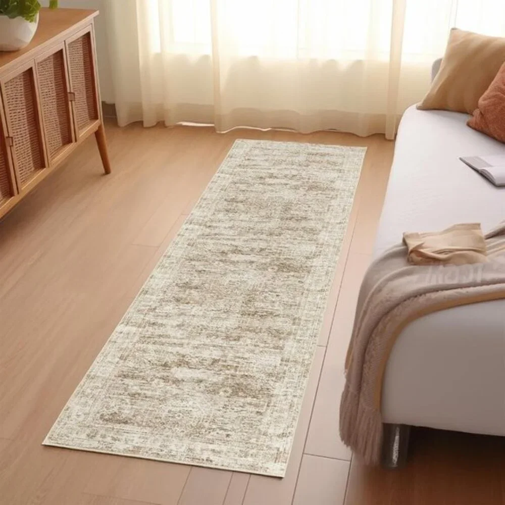 2.5x8ft Non-Slip Kitchen Runner Rug, Washable Low Pile Vintage Rug, Brown/Ivory